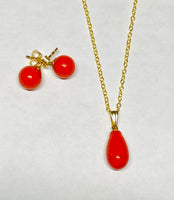 14K Yellow Gold Filled Faux Coral Stud Earrings and Pendant with Gold Plated 18" Chain Set