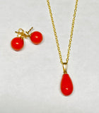 14K Yellow Gold Filled Faux Coral Stud Earrings and Pendant with Gold Plated 18" Chain Set