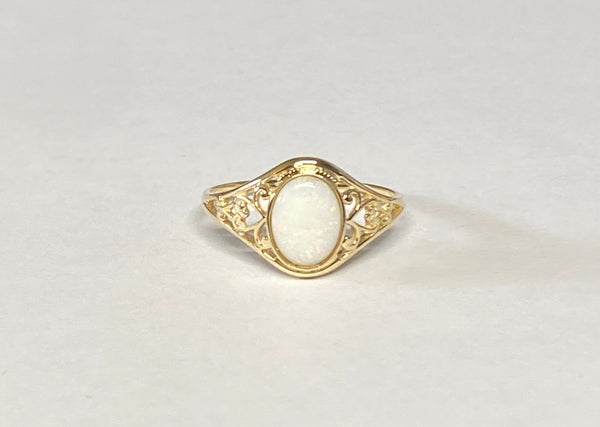 10K Yellow Gold Oval 8mm x 6mm Genuine Opal Dainty Filigree Ring