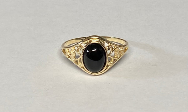 10K Yellow Gold Oval 8mm x 6mm Genuine Black Onyx Dainty Filigree Ring