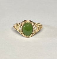 10K Yellow Gold Oval 8mm x 6mm Genuine Nephrite Jade Dainty Filigree Ring