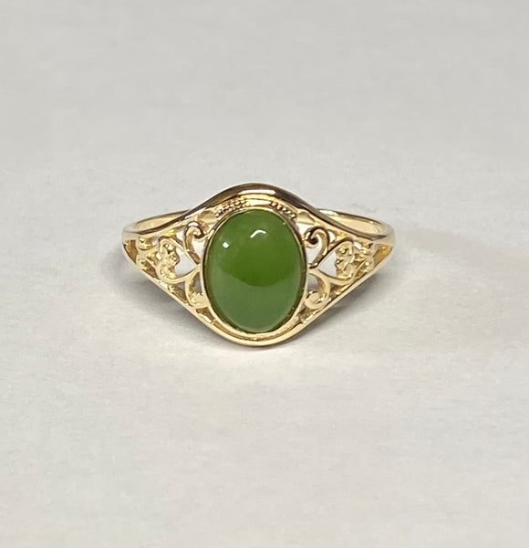 10K Yellow Gold Oval 8mm x 6mm Genuine Nephrite Jade Dainty Filigree Ring