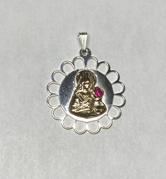 Sterling Silver and 14 Karat Yellow Gold Saint Barbara Filigree Scalloped Medal with Lab Created Ruby