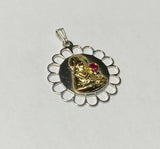 Sterling Silver and 14 Karat Yellow Gold Saint Barbara Filigree Scalloped Medal with Lab Created Ruby