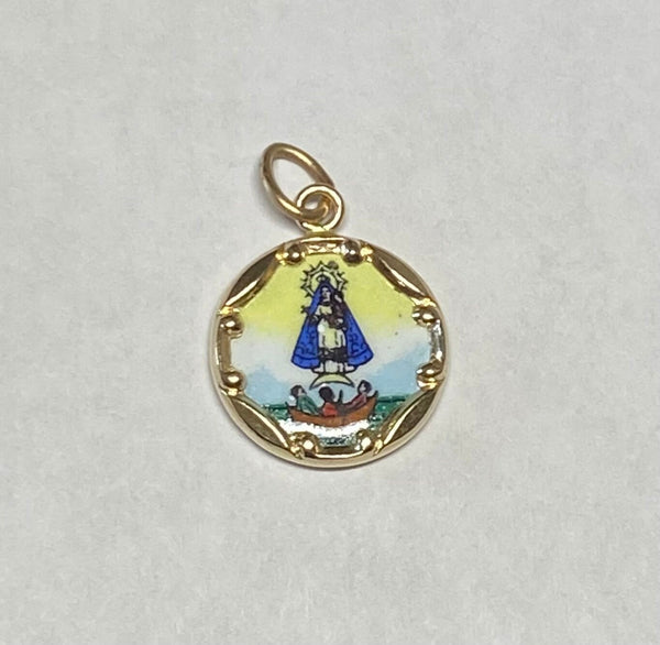 Vintage NOS 10K Yellow Gold Enameled Our Lady of Charity "Caridad del Cobre" 12.8mm Round Medal