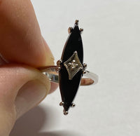 Silver & 14K White Gold Marquise-cut Black Onyx Genuine Diamond Rhomboid Solitaire Ring