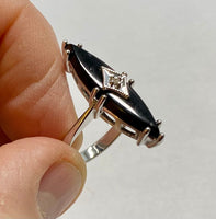 Silver & 14K White Gold Marquise-cut Black Onyx Genuine Diamond Rhomboid Solitaire Ring