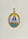 Vintage NOS 10K Yellow Gold Enameled Our Lady of Charity "Caridad del Cobre" 25mm x 20mm Oval Medal