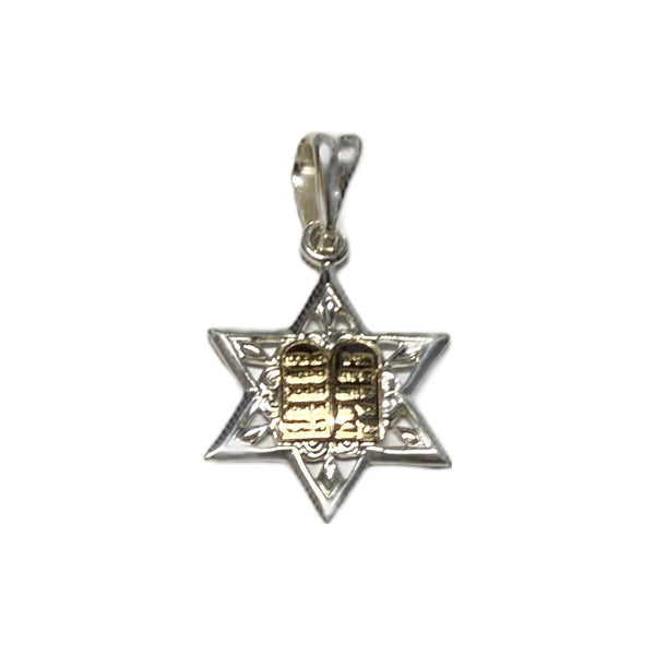 Sterling Silver & 14 Karat Yellow Gold Star of David with Ten Commandments Pendant