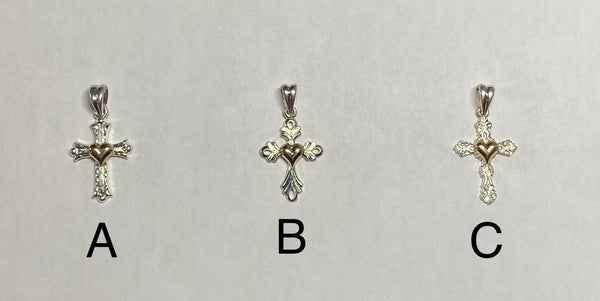 Sterling Silver & 14 Kt. Yellow Gold Cross with Heart Pendant (3 Styles)