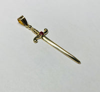 14K Yellow Gold Sword of St. Barbara "Espada de Santa Barbara" with Genuine Ruby Pendant