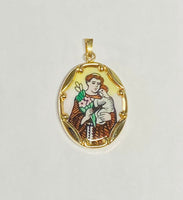 Vintage NOS 10K Yellow Gold Enameled Saint Anthony of Padua "San Antonio" 25mm x 20mm Oval Medal