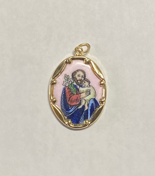 Vintage NOS 10K Yellow Gold Enameled Saint Joseph and Sacred Heart 25mm x 20mm Oval Scapular Medal