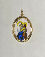 Vintage NOS 10K Yellow Gold Enameled Saint Anne and Sacred Heart 25mm x 20mm Oval Scapular Medal