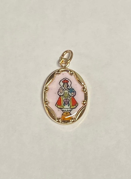 Vintage NOS 10K Yellow Gold Enameled Infant of Prague 17mm x 13mm Oval Medal