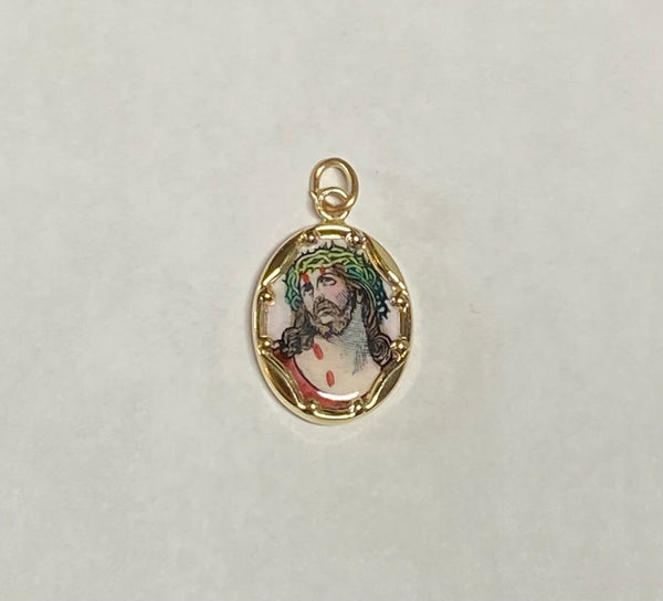 Vintage NOS 10K Yellow Gold Enameled Ecce Homo "Gran Poder de Jesus" 17mm x 13mm Oval Medal