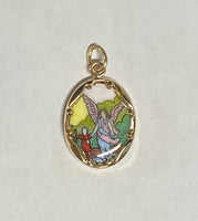 Vintage NOS 10K Yellow Gold Enameled Guardian Angel "Angel de la Guardia" 17mm x 13mm Oval Medal