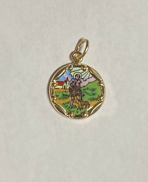 Vintage NOS 10K Yellow Gold Enameled Saint Lazarus "San Lazaro" 12.8mm Round Medal