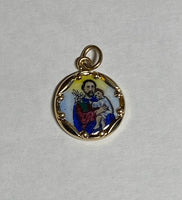 Vintage NOS 10K Yellow Gold Enameled Saint Joseph & Sacred Heart 12.8mm Scapular Medal