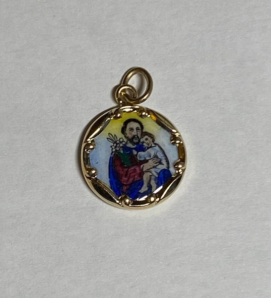 Vintage NOS 10K Yellow Gold Enameled Saint Joseph & Sacred Heart 12.8mm Scapular Medal