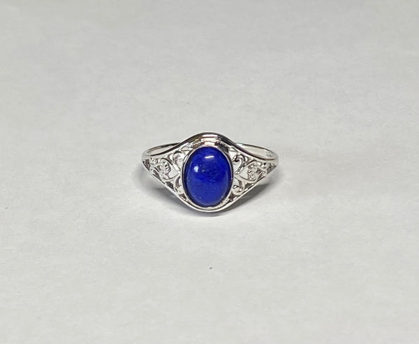 Sterling Silver Genuine Oval 8 x 6mm Lapis Lazuli Dainty Filigree Ladies Ring