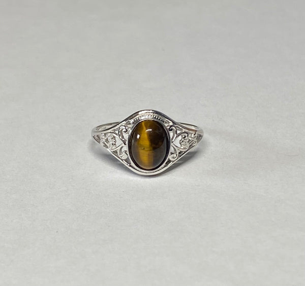 Sterling Silver Genuine Oval 8 x 6mm Tiger's Eye Dainty Filigree Ladies Ring