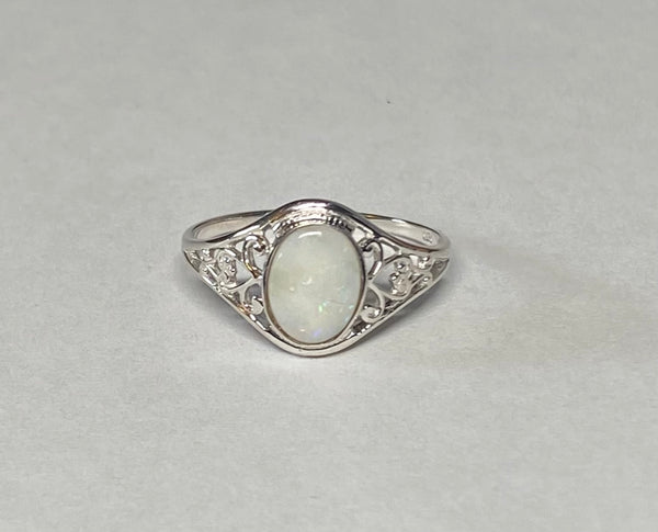 Sterling Silver Genuine Oval Cab 8mm x 6mm Opal Dainty Filigree Ladies Ring