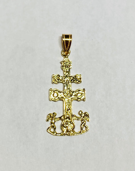 14K Yellow Gold Caravaca Double Cross with Angels Crucifix "Cruz de Caravaca" Pendant