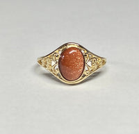 10K Yellow Gold Oval 8mm x 6mm Brown Goldstone "Venturina" Dainty Filigree Ring