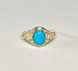 10K Yellow Gold Oval 8mm x 6mm Genuine Turquoise Dainty Filigree Ring