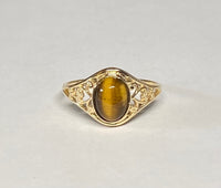 10K Yellow Gold Oval 8mm x 6mm Genuine Tiger's Eye Dainty Filigree Ring