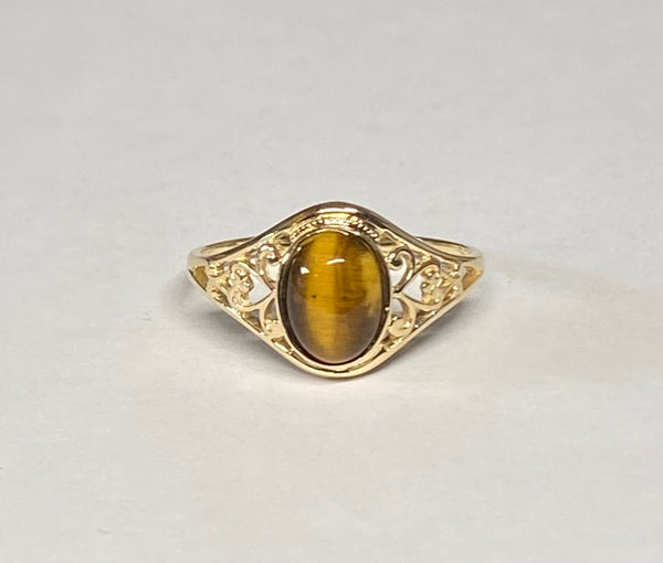 10K Yellow Gold Oval 8mm x 6mm Genuine Tiger's Eye Dainty Filigree Ring