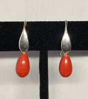 Sterling Silver 11 x 7mm Simulated Red Coral Teardrop Fancy French Wire Earrings