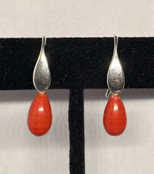 Sterling Silver 11 x 7mm Simulated Red Coral Teardrop Fancy French Wire Earrings