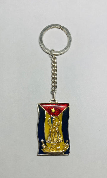 Vintage 1960's Sterling Silver & Enameled Our Lady of Charity "Caridad del Cobre" and Flag Key Chain