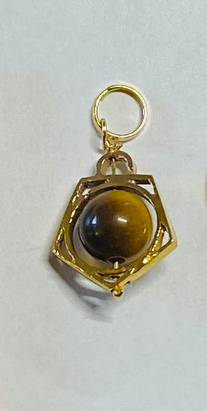 Vintage 1960's NOS 14K Genuine Tiger's Eye 6mm Bead Pentagon Shape Spinner Pendant