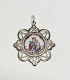 Sterling Silver Enameled Saint Joseph "San Jose" & Sacred Heart Filigree Scapular Medal