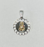 Sterling Silver and 14 Karat Yellow Gold Saint Barbara Filigree Scalloped Medal with Genuine Ruby