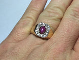 Vintage Genuine Diamond & Lab Created Star Ruby 14KT Yellow Gold Men's Ring