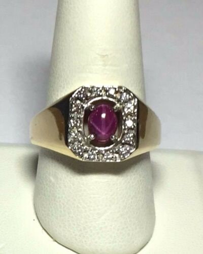 Vintage 1980's Genuine Diamond & Lab Created Star Ruby 14 Karat Yellow ...