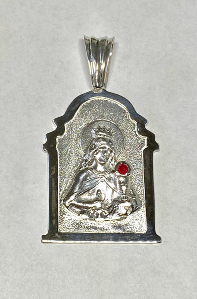 Sterling Silver Saint Barbara "Santa Barbara" 2.31" Chapel Medal with Genuine Ruby