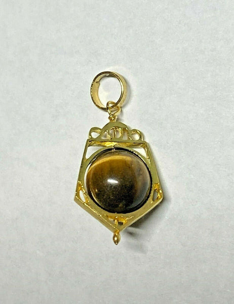 Vintage NOS 1960's 14K Genuine Tiger's Eye 8mm Bead Pentagon Shape Spinner Pendant