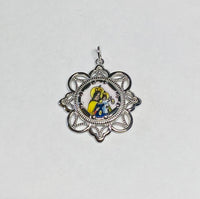 Sterling Silver Enameled Our Lady of Mt. Carmel "Virgen del Carmen" & Sacred Heart Filigree Scapular Medal