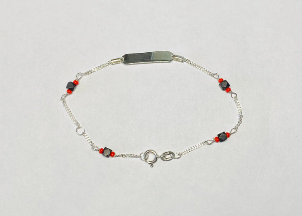 Sterling Silver and Genuine Azabache Jet Black with Coral Curb Link ID Bracelet (Available in 6" or 7")