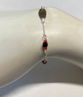 Sterling Silver and Genuine Azabache Jet Black with Coral Cable Link ID 6" Bracelet