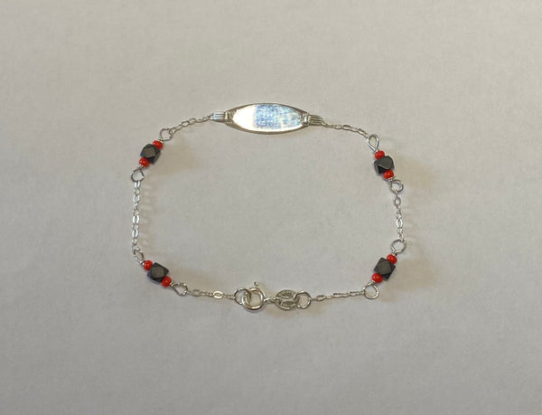 Sterling Silver and Genuine Azabache Jet Black with Coral Cable Link ID 6" Bracelet