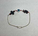 Sterling Silver Cable Link Bracelet or Anklet with Genuine Azabache Jet Elephant, Cross and Evil Eye Charm