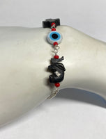 Sterling Silver Cable Link Bracelet or Anklet with Genuine Azabache Jet Elephant, Cross and Evil Eye Charm