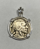 American Coin Jewelry with Vintage Buffalo Nickel in Handmade Sterling Silver Pendant Setting (please inquire about available years)