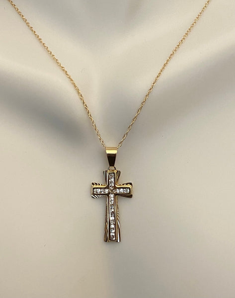 14 Karat Yellow Gold & Cubic Zirconia Cross Pendant (Available with or without Chain)